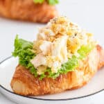 tuna salad with egg on a bed of lettuce on top of croissant