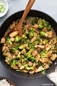overhead chicken broccoli stir fry in skillet