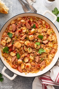 overhead Jambalaya in white dutch oven