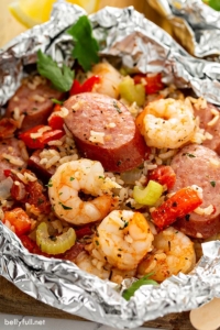 close up cooked Jambalaya in foil