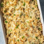 A baking dish of chicken alfredo bake