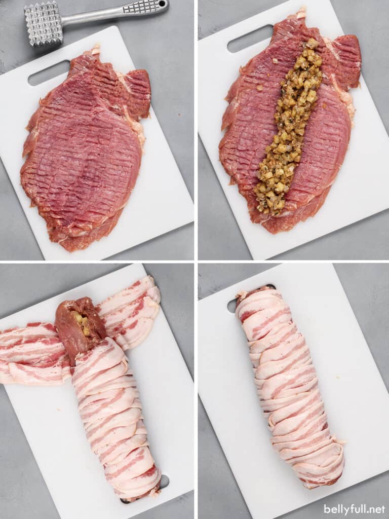 4 pictures of how to stuff a pork tenderloin and wrap in bacon