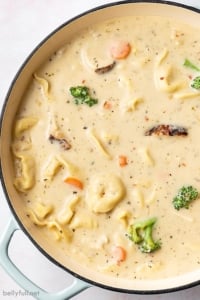 Overhead view of a pot of chicken alfredo tortellini soup