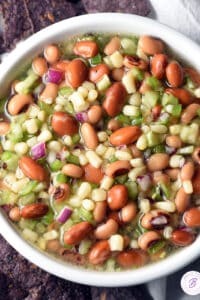 overhead close up Texas Caviar Dip in white bowl