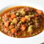 chuckwagon beef stew in white bowl
