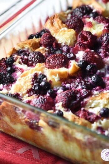 fruit and croissant bread pudding in casserole dish