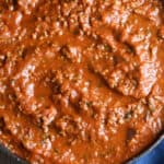 overhead pan of homemade spaghetti meat sauce