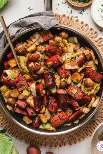 overhead Skillet Kielbasa and Cabbage