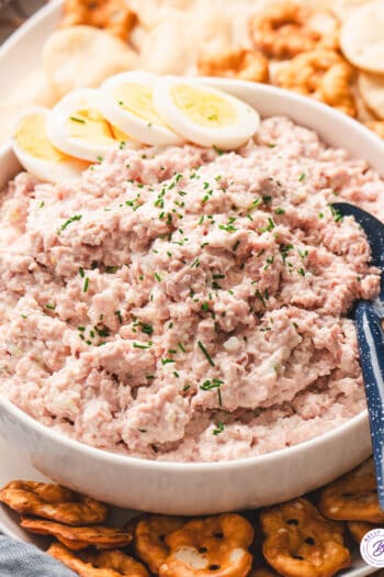 deviled ham salad in bowl with serving spoon